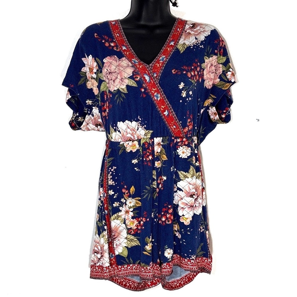 FARM Rio Anthropologie‎ Blue Floral V Neck Flutter Sleeve Romper XS Vacaty